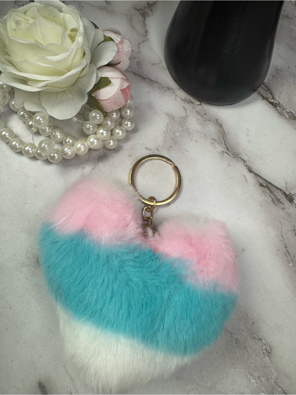 Faux Fur Heart Keychain - Pink, Teal & White